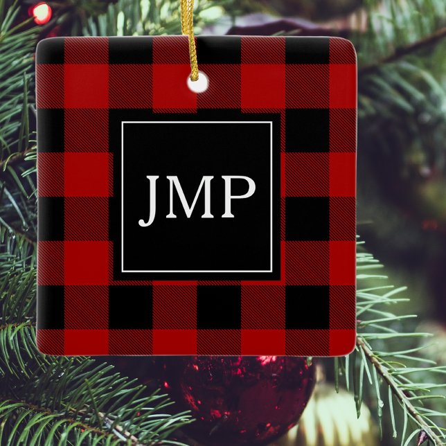 Modern Red Buffalo Plaid | Personal Initial  Ceramic Ornament (Creator Uploaded)