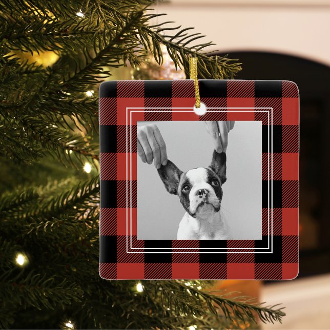Modern Red Buffalo Plaid Personal Initial Ceramic Ornament (Creator Uploaded)