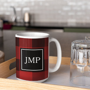 Modern Red Buffalo Plaid Personal Initial Coffee Mug