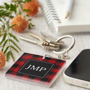 Modern Red Buffalo Plaid Personal Initial Keychain