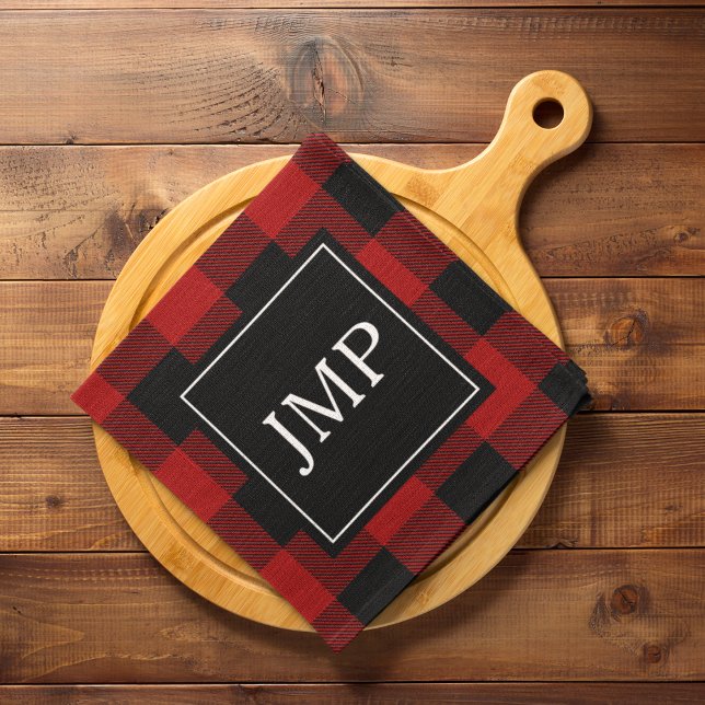 Modern Red Buffalo Plaid Personal Initial Kitchen Towel (Creator Uploaded)