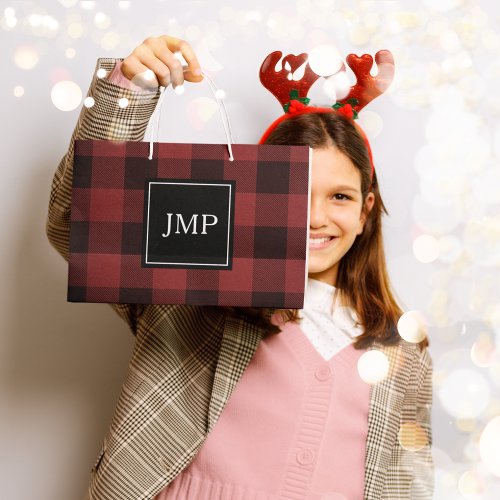 Modern Red Buffalo Plaid  Personal Initial  Large Gift Bag