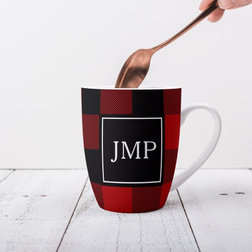 Modern Red Buffalo Plaid Personal Initial Latte Mug