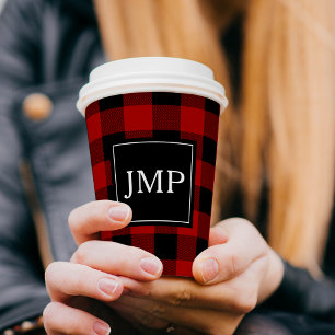 Modern Red Buffalo Plaid Personal Initial Paper Cups