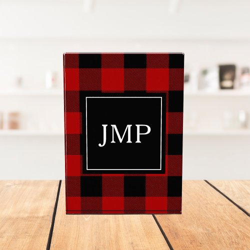 Modern Red Buffalo Plaid  Personal Initial  Photo Block