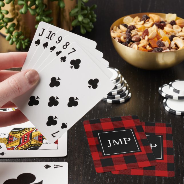 Modern Red Buffalo Plaid | Personal Initial  Poker Cards (In Situ)