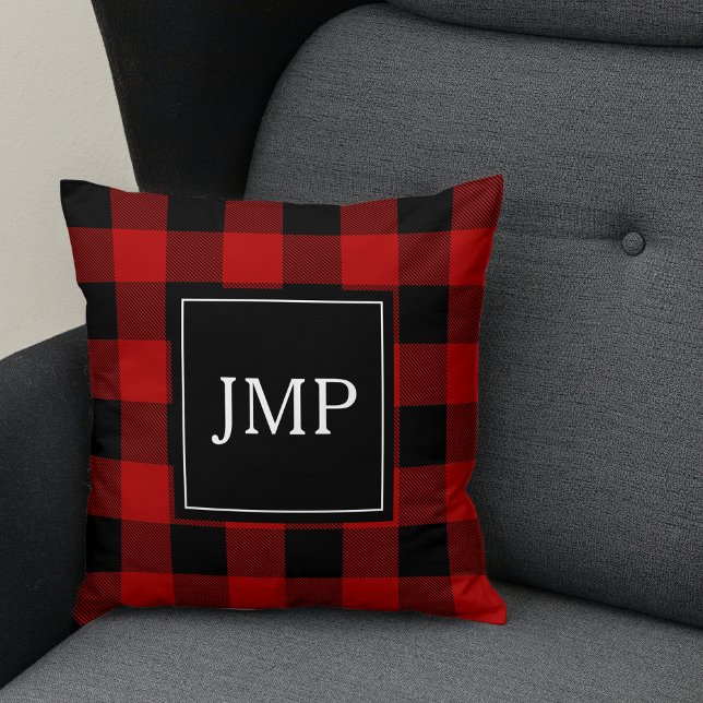 Modern Red Buffalo Plaid Personal Initial Throw Pillow (Creator Uploaded)