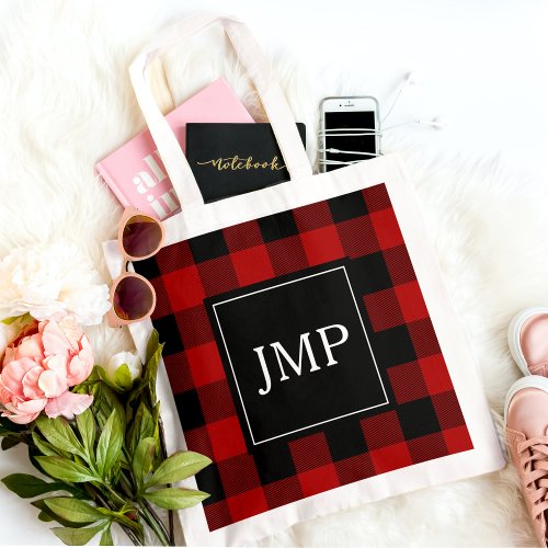 Modern Red Buffalo Plaid  Personal Initial  Tote Bag