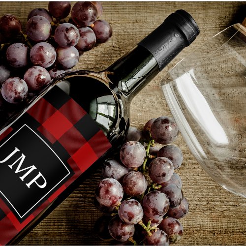 Modern Red Buffalo Plaid Personal Initial Wine Label