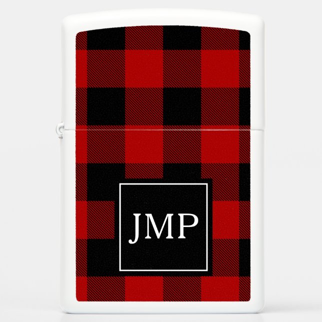 Modern Red Buffalo Plaid Personal Initial Zippo Lighter (Front)