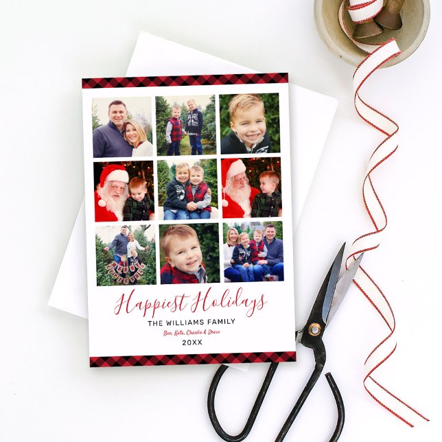 Modern Red Buffalo Plaid Photo Collage Holiday Card (Creator Uploaded)