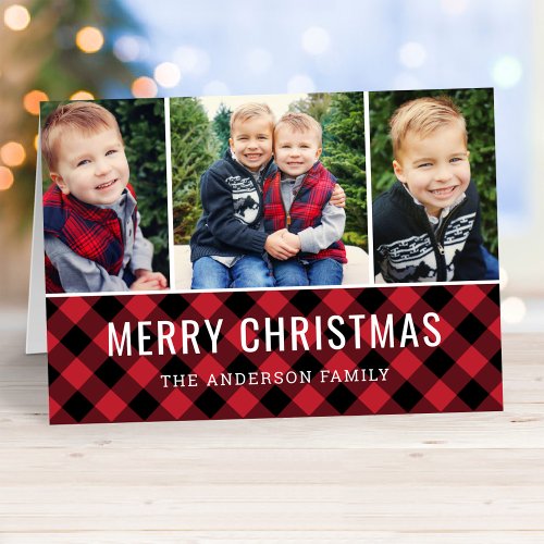Modern Red Buffalo Plaid Photo Collage Holiday Card