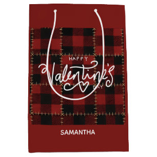 Modern Red Buffalo Plaid Valentines Day Name Medium Gift Bag