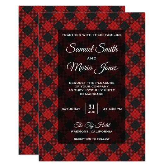Modern Red Buffalo Plaid Wedding Invitation