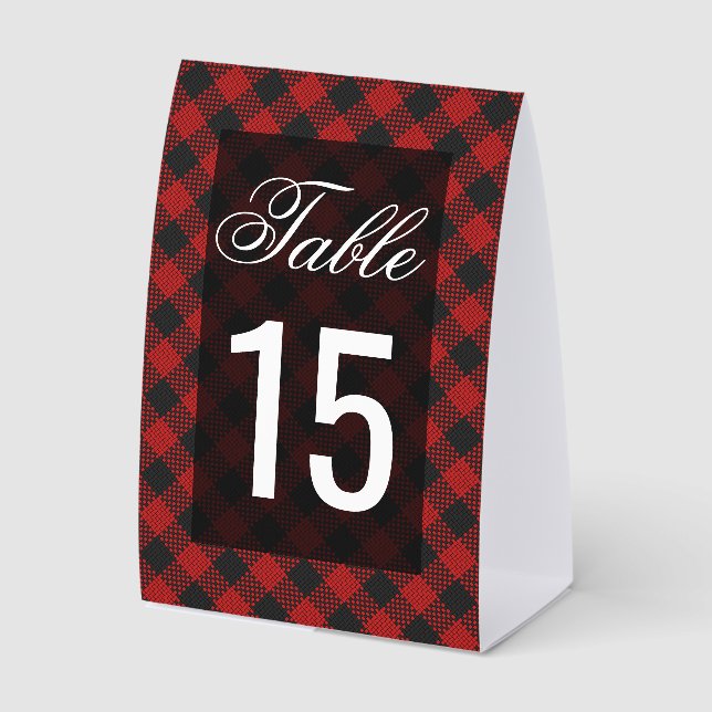Modern Red Buffalo Plaid Wedding Table Number Paper Table Tent (Front)