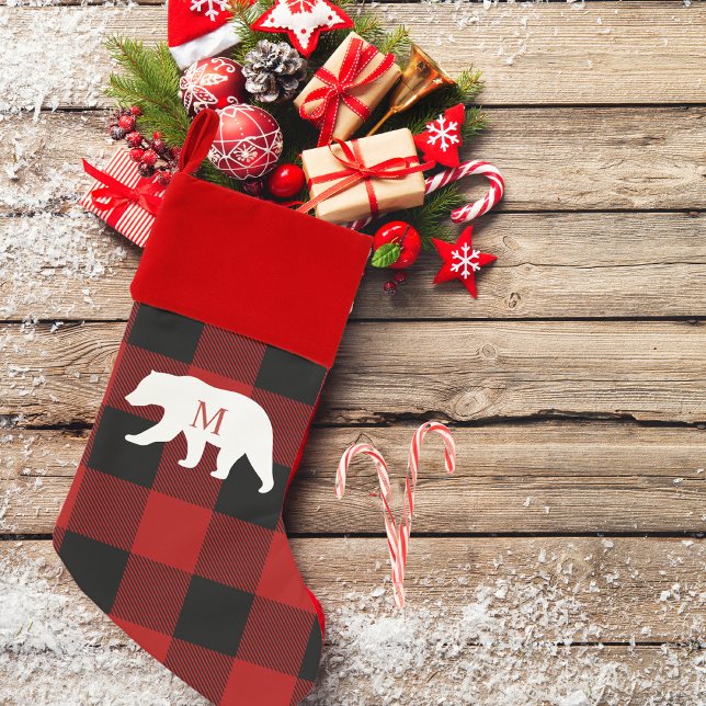 Modern Red Buffalo Plaid White Bear Christmas Stocking (Creator Uploaded)
