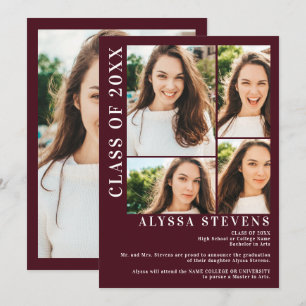 Modern red burgundy 5 photo grid graduation invitation