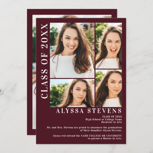 Modern red burgundy 5 photo grid graduation invitation