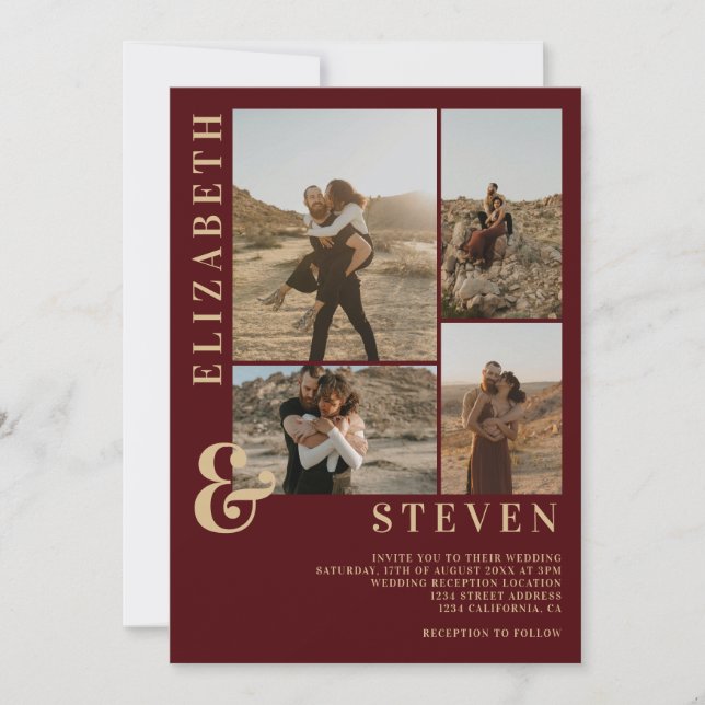 Modern red burgundy ampersand 5 photo grid wedding invitation (Front)