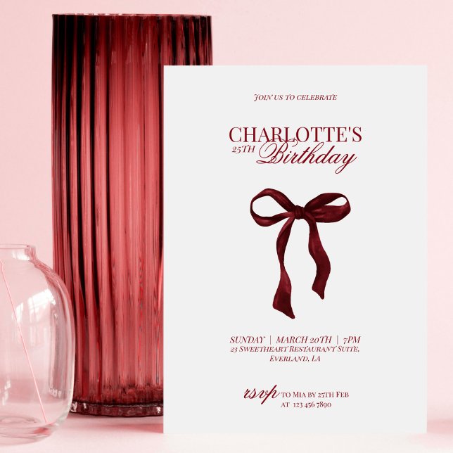 Modern Red Burgundy Bow Birthday Invitation (Creator Uploaded)