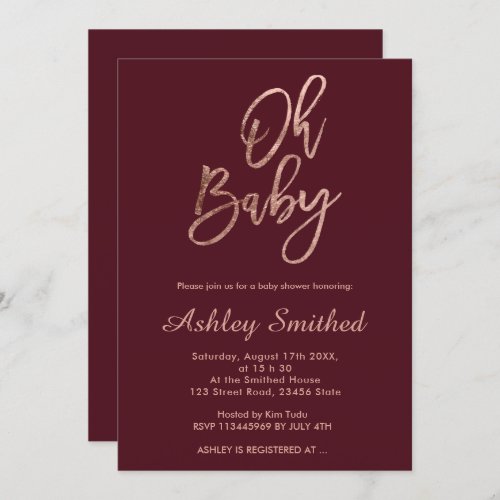 Modern red burgundy fall chic Oh baby shower Invitation