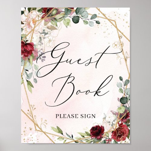 Modern red burgundy floral gold guest book sign