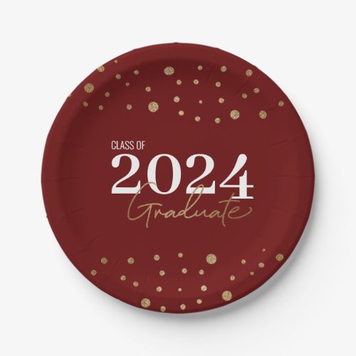 Modern Red Burgundy Gold Class of 2024 Graduate Paper Plates