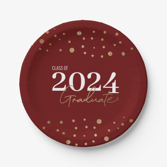 Modern Red Burgundy Gold Class of 2024 Graduate Paper Plates (Front)