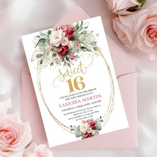 Modern Red Burgundy Gold Floral Sweet 16 Invite