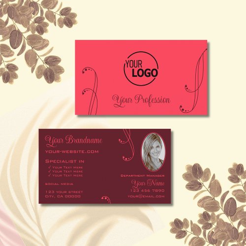 Modern Red Burgundy Ornate with Logo and Photo Business Card