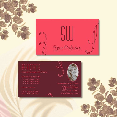 Modern Red Burgundy Ornate with Monogram and Photo Business Card