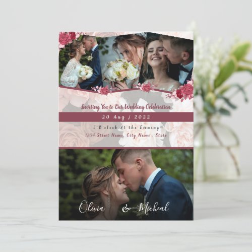 Modern  Red Burgundy save the date 4 photo collage Invitation