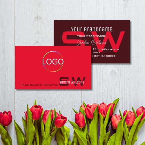 Modern Red Burgundy with Monogram and Logo Simple Business Card