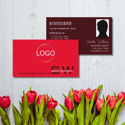 Modern Red Burgundy with Monogram Logo and Photo Business Card