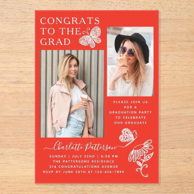 Modern Red Butterfly Photo Graduation Party Acrylic Invitations (Front)