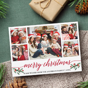 Modern Red Calligraphy 5 Photo Family Christmas Holiday Card