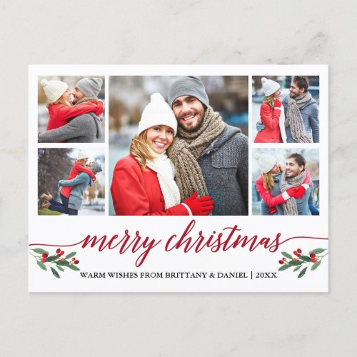 Modern Red Calligraphy 5 Photo Merry Christmas Postcard