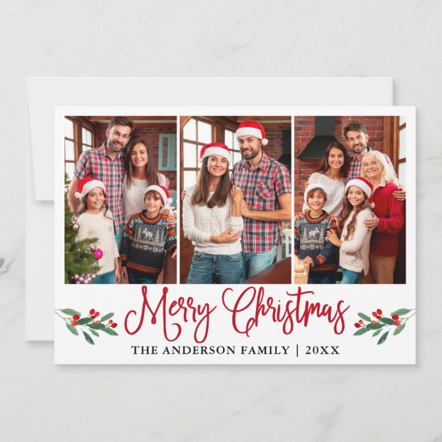 Modern Red Calligraphy Christmas Holly 3 Photo Holiday Card (Front)