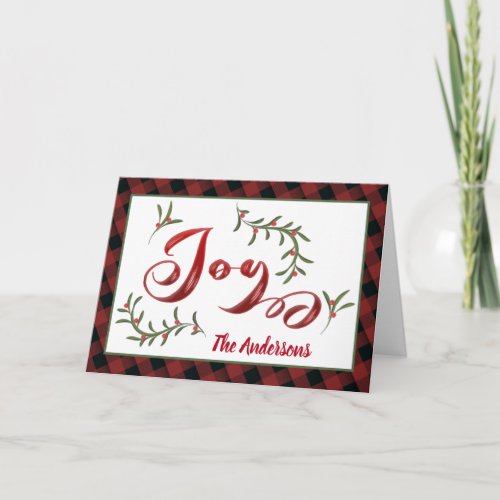 Modern Red calligraphy joy holly Holiday Card