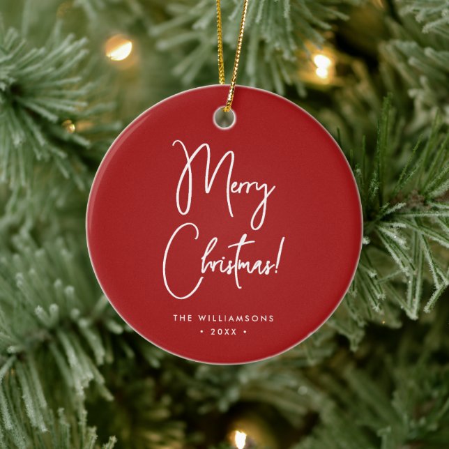 Modern Red Calligraphy Script Merry Christmas Ceramic Ornament (Tree)