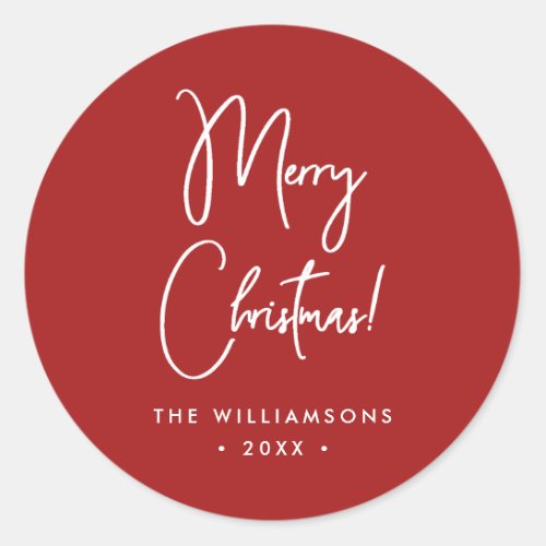 Modern Red Calligraphy Script Merry Christmas Classic Round Sticker