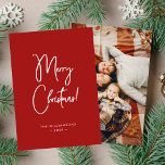 Modern Red Calligraphy Script Merry Christmas Holiday Card<br><div class="desc">Modern Christmas card with a very minimalist design,  contemporary calligraphy for "Merry Christmas" and your family name or other text of choice on the front and your photo on the back.</div>