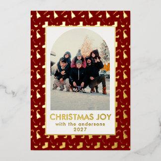 Modern Red Candy Cane Arched Photo Christmas Joy Foil Holiday Card