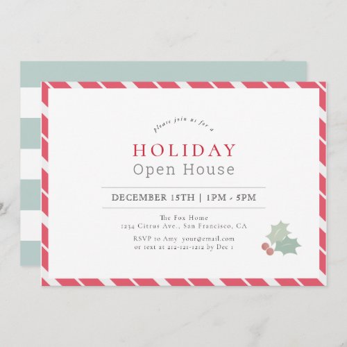 Modern Red Candy Cane Stripes Holiday Open House Invitation