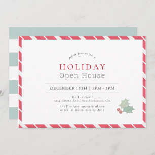 Modern Red Candy Cane Stripes Holiday Open House Invitation