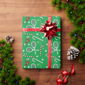 Modern Red Candy Cane Tennis Theme Christmas Green Wrapping Paper
