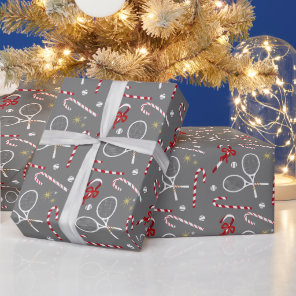 Modern Red Candy Cane Tennis Theme Christmas Grey Wrapping Paper