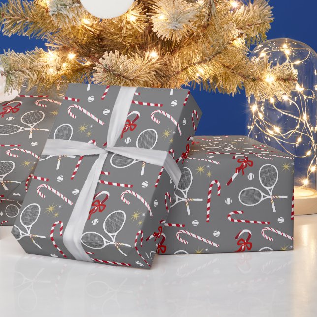 Modern Red Candy Cane Tennis Theme Christmas Grey Wrapping Paper (Holidays)