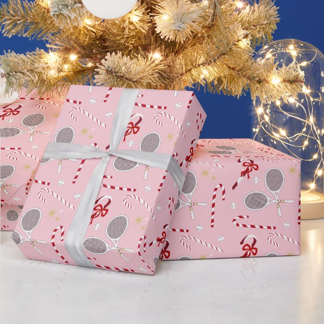 Modern Red Candy Cane Tennis Theme Christmas Pink Wrapping Paper (Holidays)