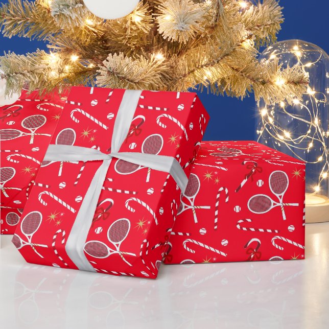 Modern Red Candy Cane Tennis Theme Christmas  Wrapping Paper (Holidays)